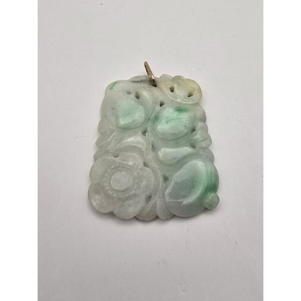 Vintage Chinese Carved Jade Pendant Plaque w/ 10K Yellow Gold Bail, Icy Green